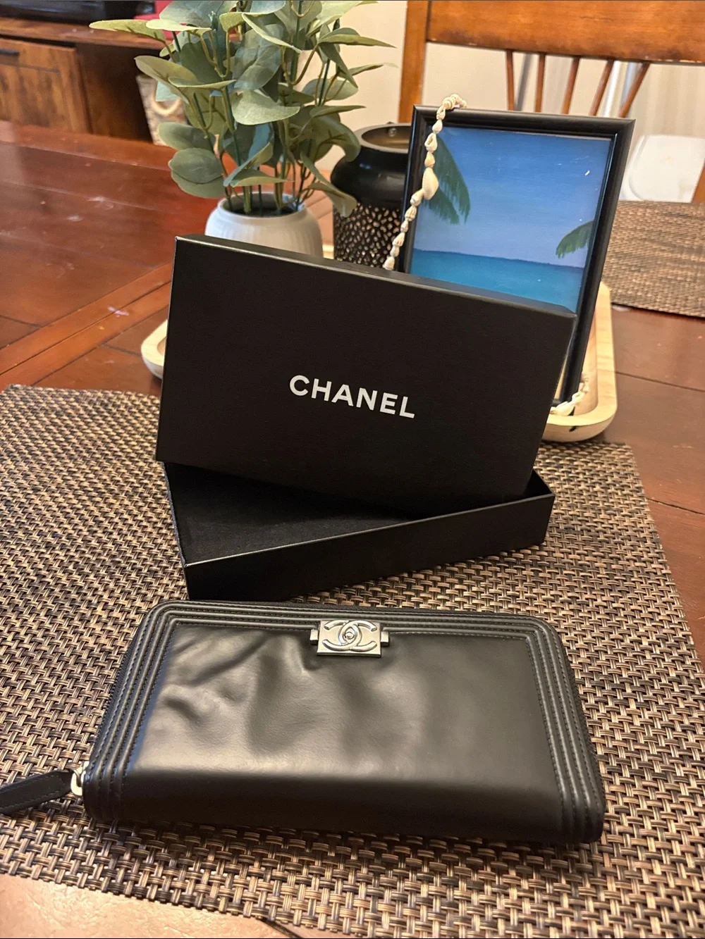 CHANEL Black lambskin Boy Leather Zip Around Wallet Silver CC Hardware with BOX